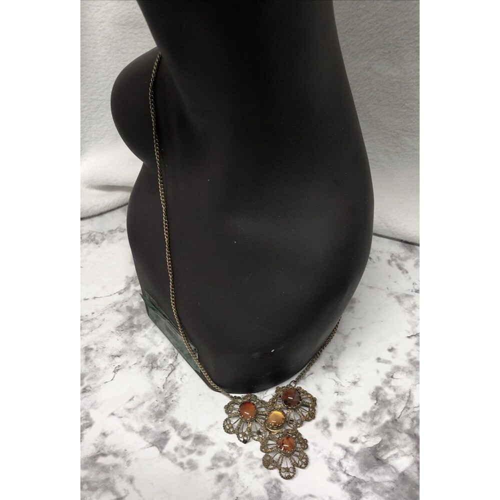 Delicate Filigree Necklace Brass Tone Amber Glass Cluster Vintage Boho Victorian